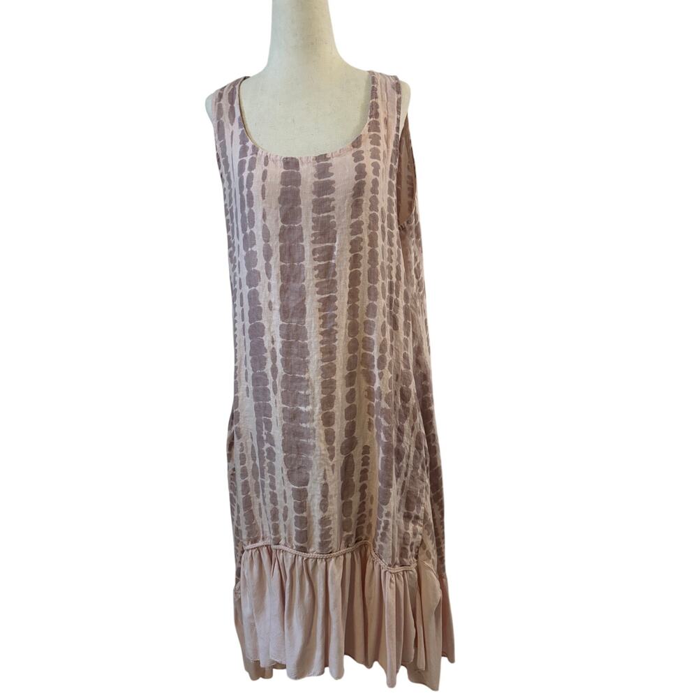 Diverse Italy 100% Linen Dress Womens Pink Tie Dye Sleeveless Ruffle Hem Medium